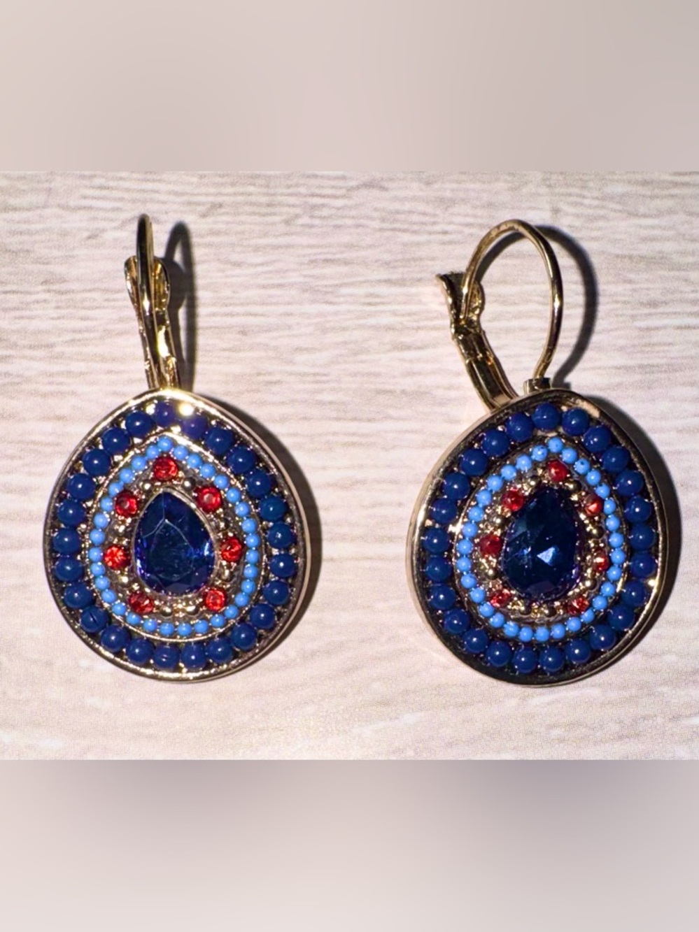 Beaded Gold-Tone Blue & Red Teardrop Crystal Drop Earrings